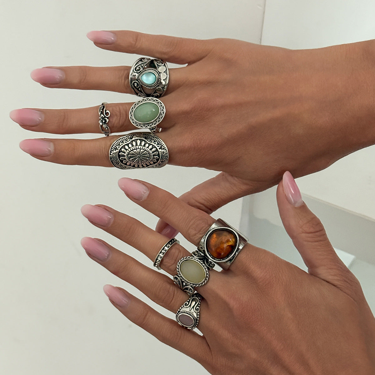 Vintage Hip-hop Geometric Oval Zinc Alloy Plated Gemstone Inlay Wide Ring Set for Women