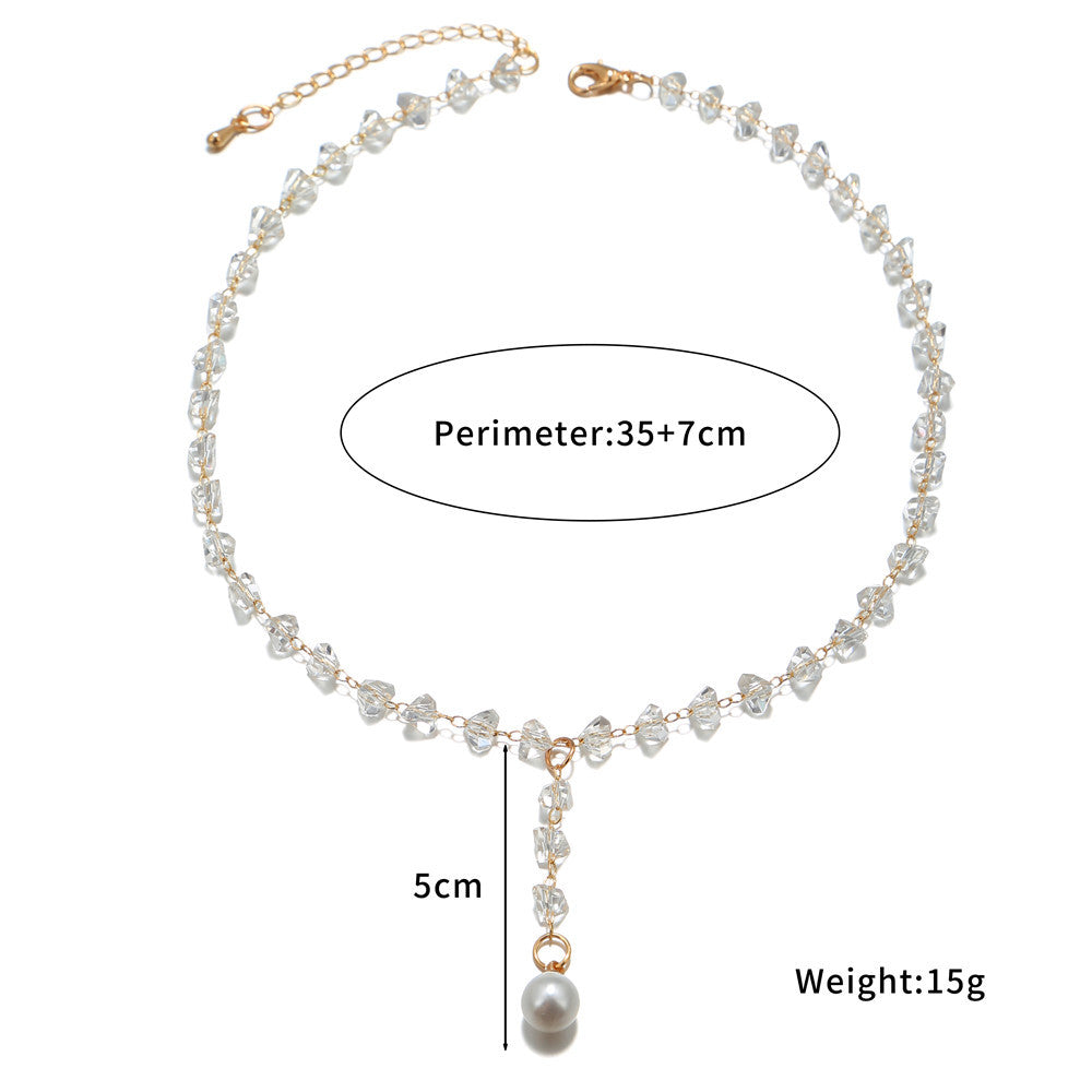 Sweet Geometric Crystal Pearl Pendant Alloy Necklace for Women with Cable Chain