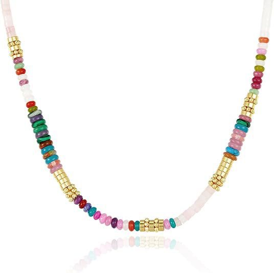 Bohemian Luxury Round Natural Stone Beaded Stainless Steel Necklace for Women