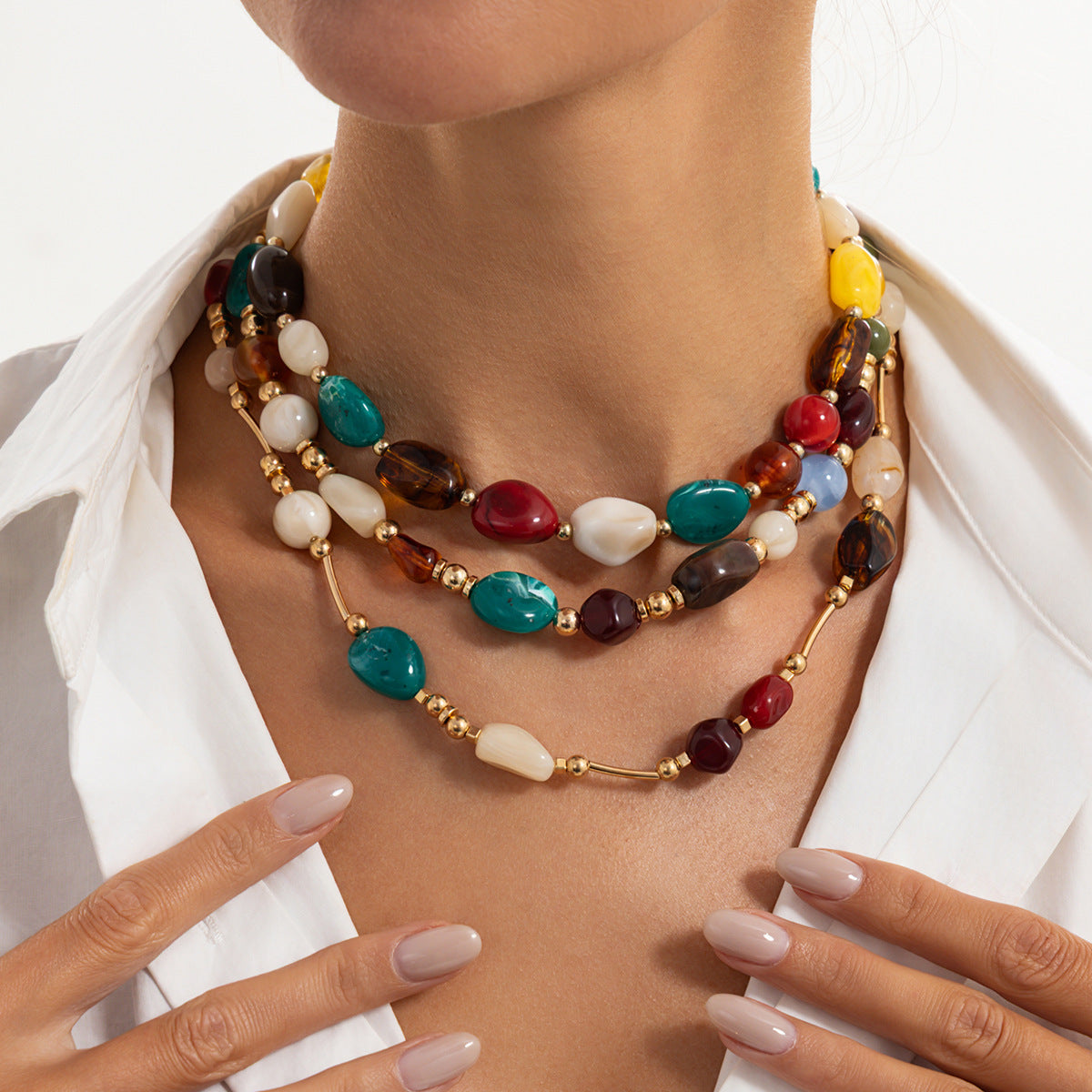Vintage Gradient Resin Oval Geometric Pendant Acrylic Plated Necklace for Women