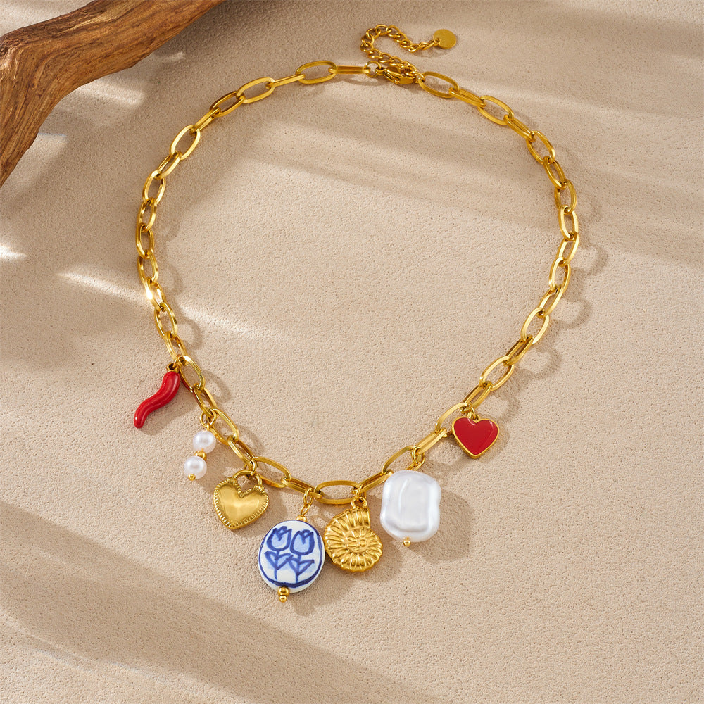 Sweet Gold Plated Drip Oil Heart Floral Stainless Steel Pendant Necklace for Women