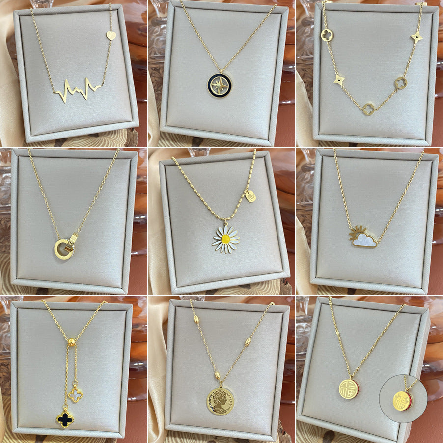 18K Gold Plated Titanium Steel Heart Cartoon Leaf Necklace with Ethnic Elements