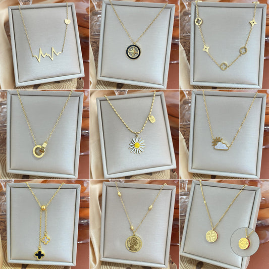 18K Gold Plated Titanium Steel Heart Cartoon Leaf Necklace with Ethnic Elements