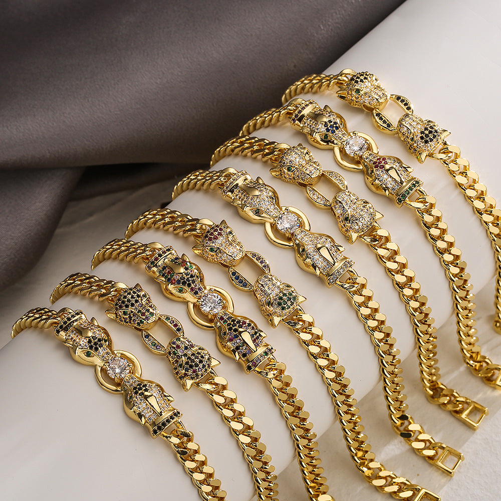 Bracciale Cubano Geometrico a Forma di Leopardo alla Moda da Donna in Rame Placcato Oro con Intarsio di Zirconi