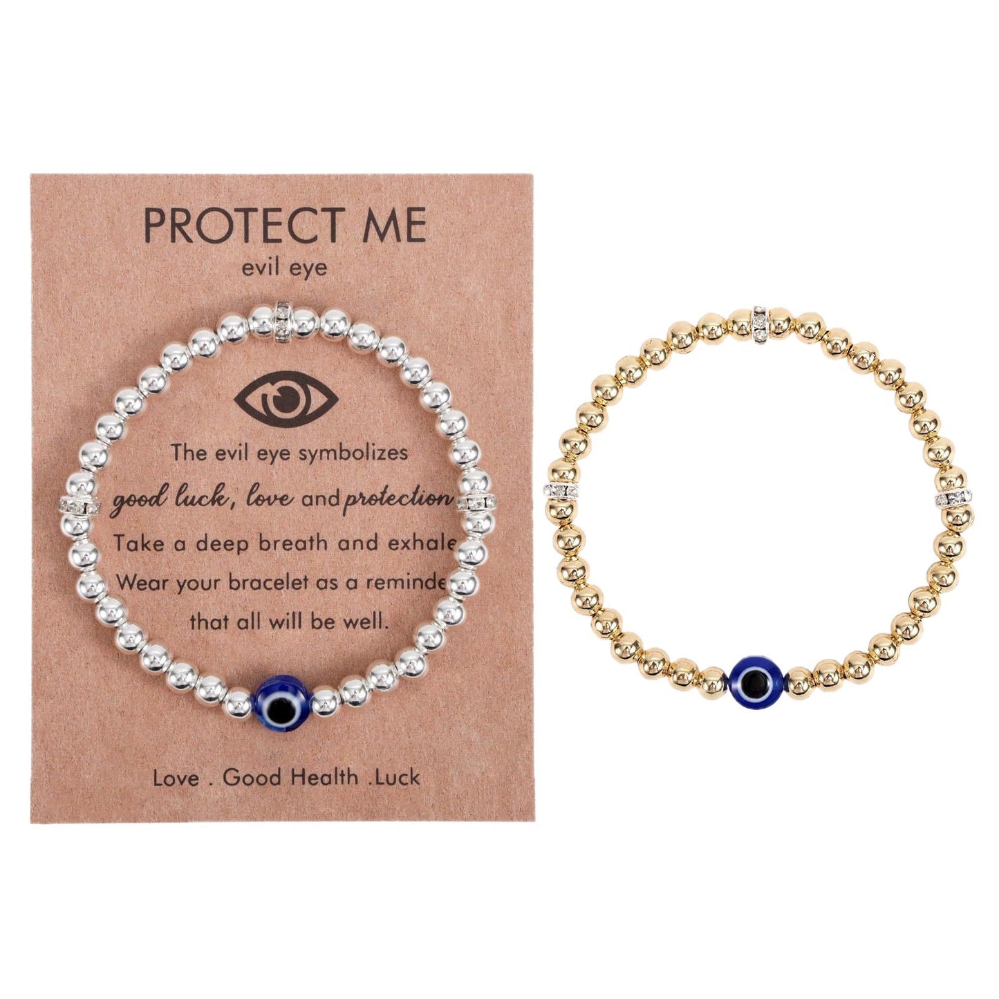 Personalized Evil Eye Stainless Steel Plated Bracelet with Spacer Beads