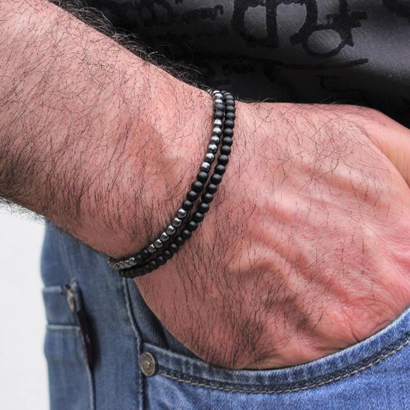 Geometric Black Hematite Beaded Bracelet Set for Couples Handmade Elastic Beach Style Hip Hop Jewelry