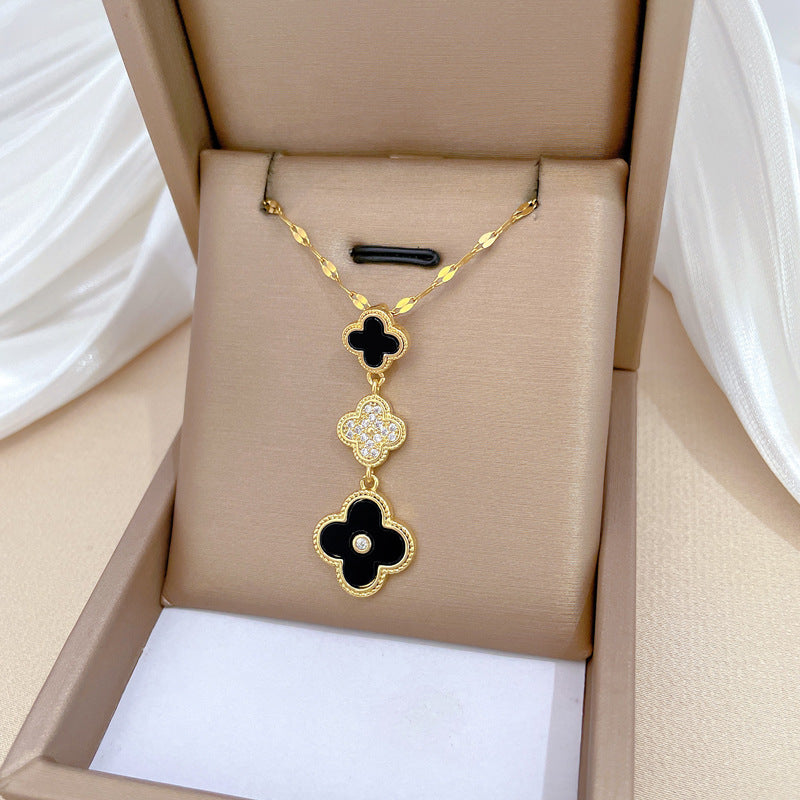 Lucky Clover Tassel Necklace and Earrings Set Titanium Steel Geometric Luxury Sweet Pendant Jewelry