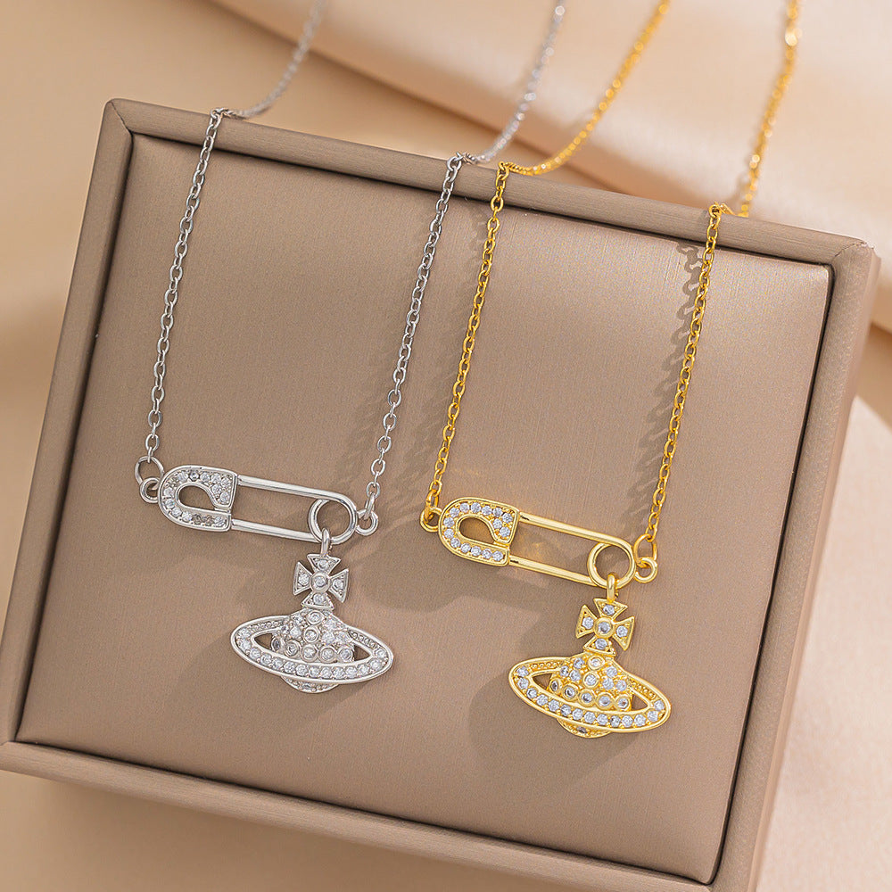 Minimalist Saturn Pendant Necklace for Women in Titanium Steel with Micro-Pave Rhinestone Inlay on O-Chain