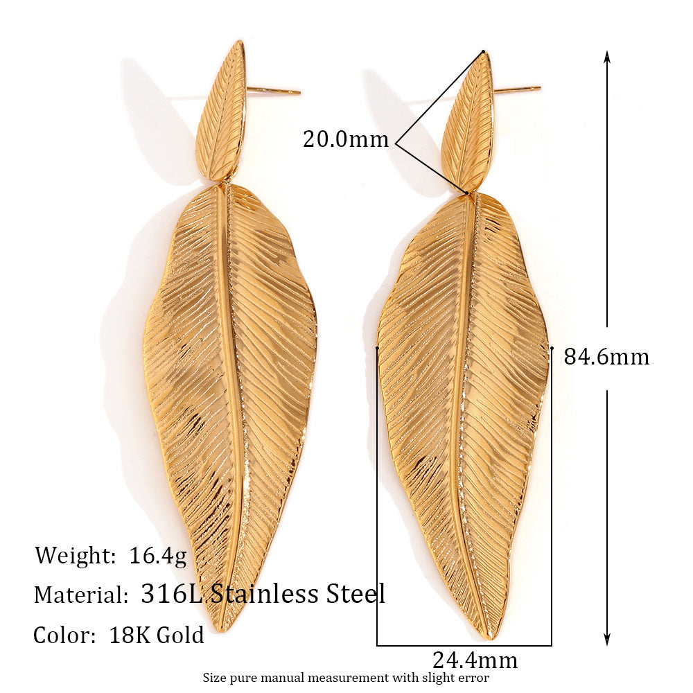 Fashionable Feather and Leaf Shaped Stainless Steel Earrings with 18K Gold Plating for Women