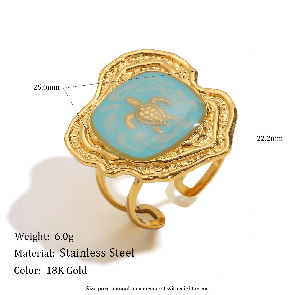 Anello da donna minimalista a forma di tartaruga in acciaio inossidabile placcato oro 18K e finitura smaltata