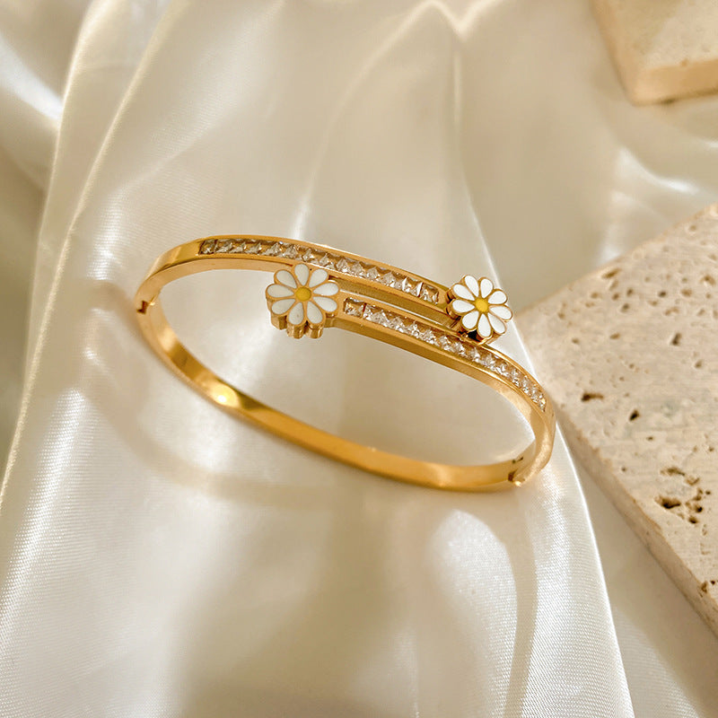 Vintage Diamond Floral Plated Titanium Steel Cuff Bracelet for Women