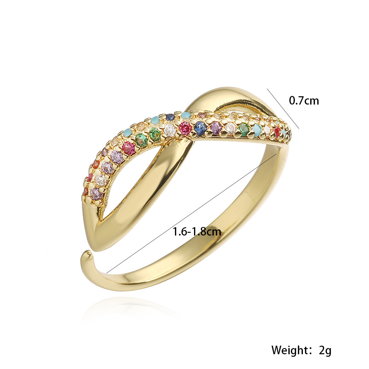 Minimalist Geometric Open Ring for Women Made of Brass with 18K Gold Plating and Multicolor Zircon Inlay