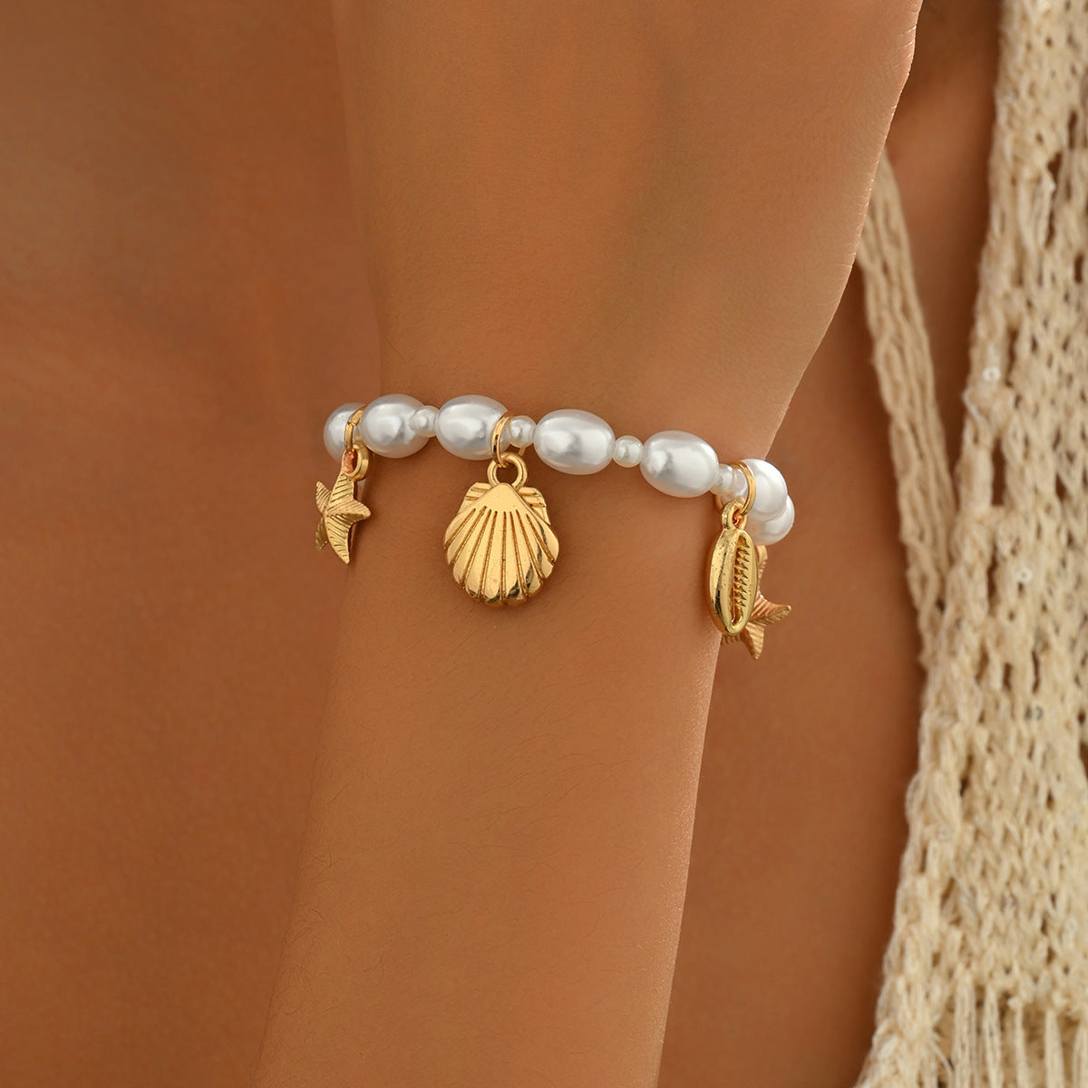 Bracciale Da Donna Intrecciato A Mano Con Conchiglie E Stelle Marine A Forma Di Stella, In Lega Di Zinco, Stile Fashion-Commuter