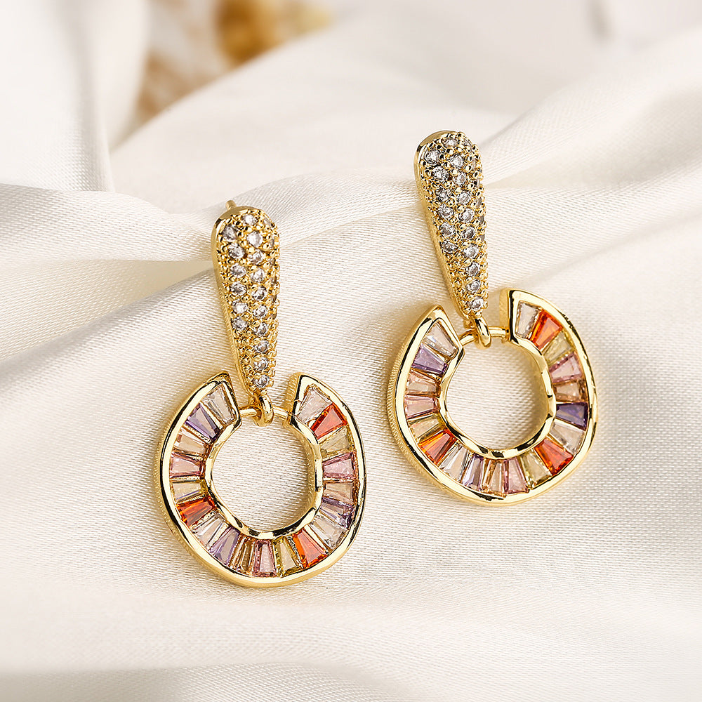 Geometric Heart-Shaped Copper Earrings with Real Gold Plating and Full Zirconia Accents for Women