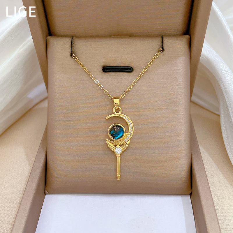 Minimalist Starry Sky Magic Wand Pendant Necklace for Women with Titanium Steel Chain and Rhinestone Inlay