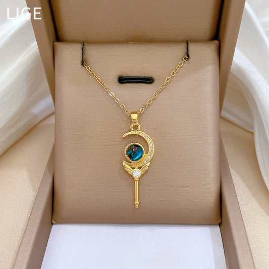 Collar con colgante de varita mágica de cielo estrellado minimalista para mujer con cadena de acero de titanio e incrustaciones de diamantes de imitación