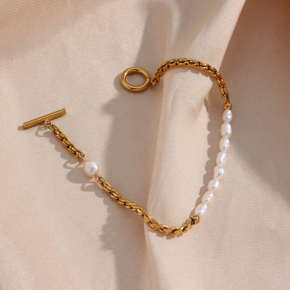 Pulsera Minimalista de Moda Geométrica de Acero Inoxidable con Chapado Trenzado y Perlas de Agua Dulce para Mujer