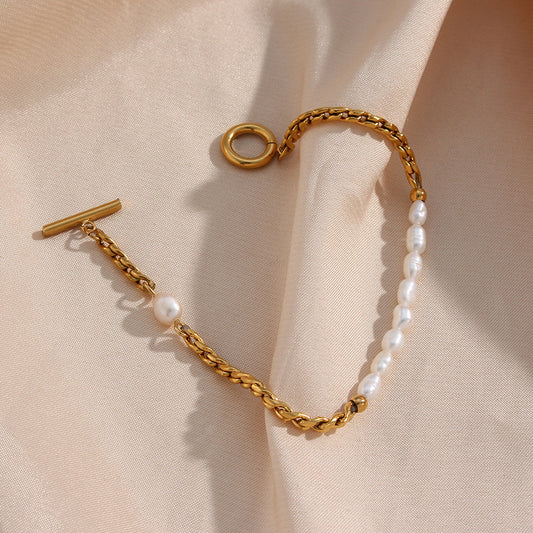 Bracciale Da Donna Minimalista, Alla Moda, Geometrico In Acciaio Inossidabile Placcato Intrecciato Con Corda Attorcigliata E Perle D'Acqua Dolce