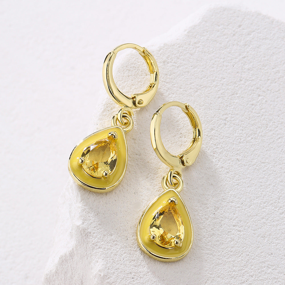 Bohemian Geometric Drip Enamel Zircon Drop Earrings for Women in Copper with Real Gold Plating