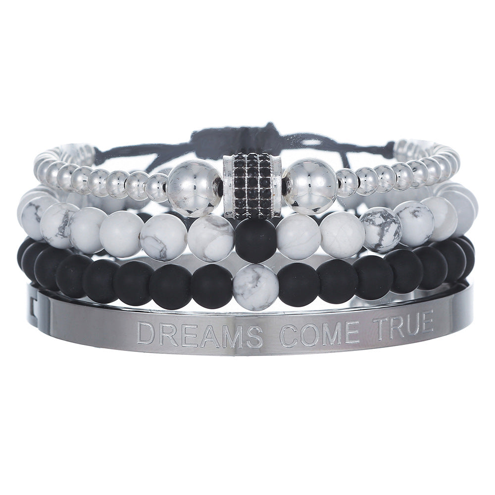 8mm Geometric Round Stainless Steel Bracelet Set with Turquoise and Rhinestone Inlay for Unisex