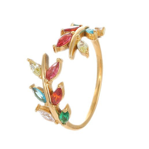 Anillo minimalista de acero de titanio con forma de hoja, de inspiración francesa, para mujer, con chapado en oro de 18 quilates, elegante diseño de banda abierta