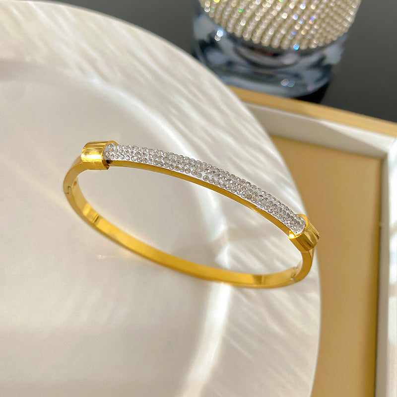 Luxury 18K Gold Plated Geometric Titanium Steel Bracelet with Full Cubic Zirconia Inlay for Women