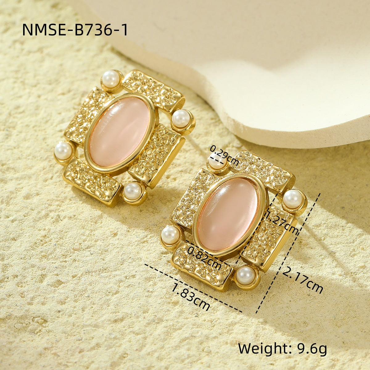 Pendientes de tuerca ovalados con perlas y textura cuadrada vintage para mujer, de piedra natural, de acero inoxidable con baño de oro