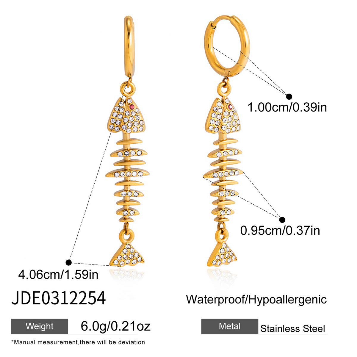 Minimalist Titanium Steel Fish Bone Pendant Necklace and Earring Set Gold Plated Stainless Steel Jewelry for Women