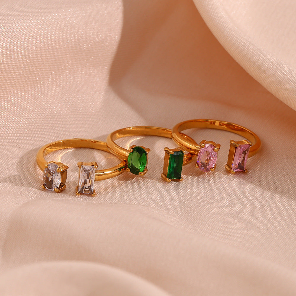 Anello Aperto da Donna Minimalista Geometrico in Acciaio Inossidabile Placcato con Zirconi Ovali e Quadrati