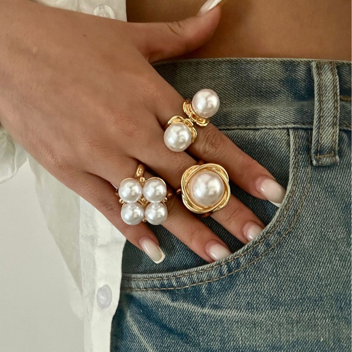 Set de Anillos de Aleación Barrocos Huecos con Perlas de Imitación Elegantes para Mujer