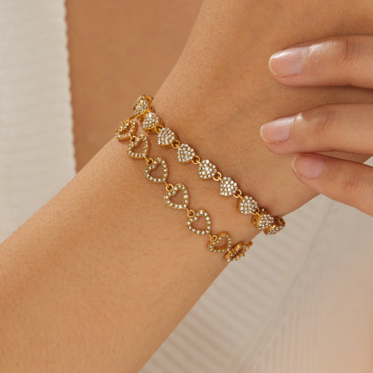Elegant Gold Plated Stainless Steel Heart Rhinestone Bracelet