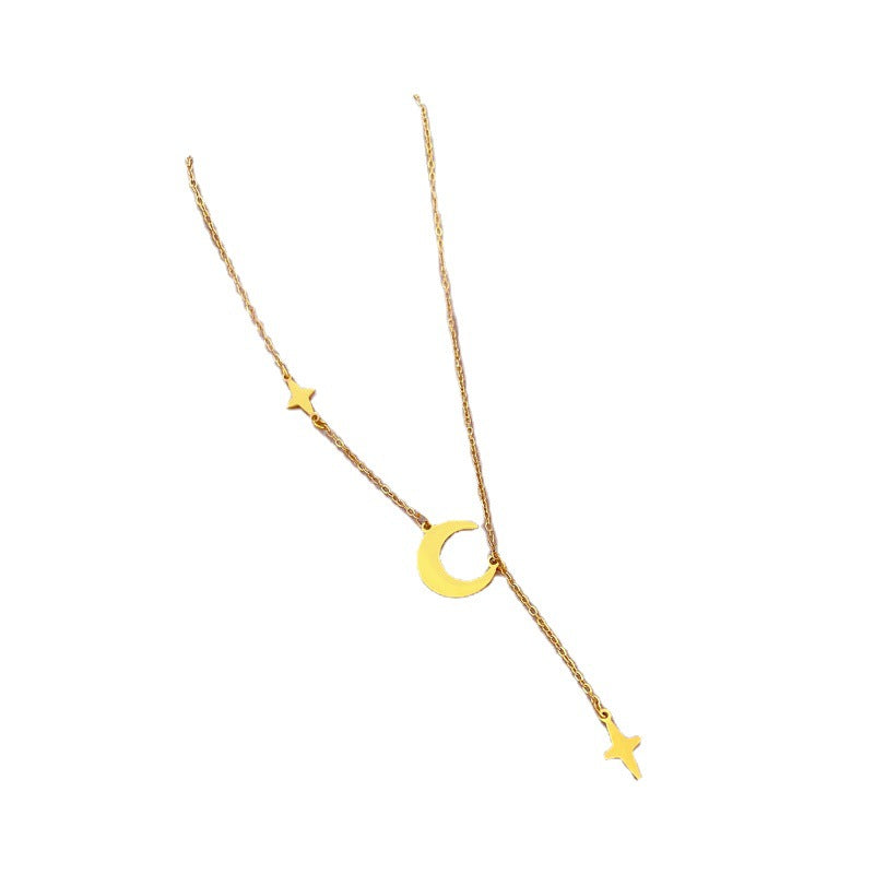 Minimalist Titanium Steel Star and Moon Pendant Necklace with Geometric Flowing Tassels for Women Fashionable Clavicle Chain
