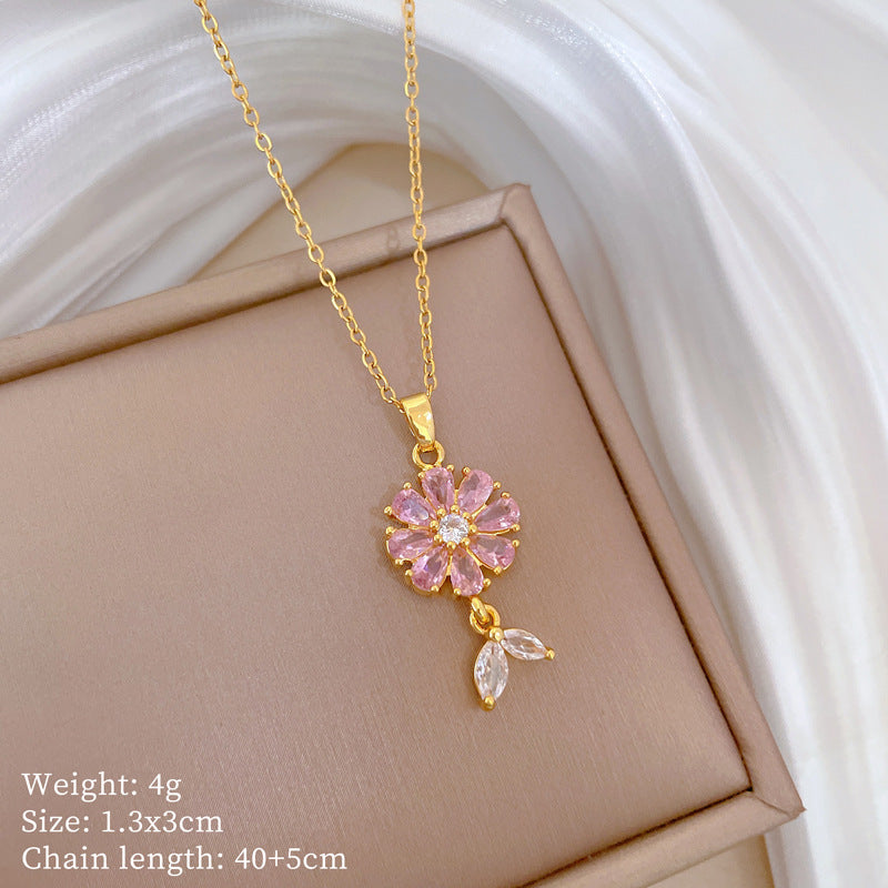 Luxury Titanium Steel Flower and Leaf Pendant Necklace Set with Rhinestone Inlay for Women Geometric Design Elegant Evening Party Jewelry