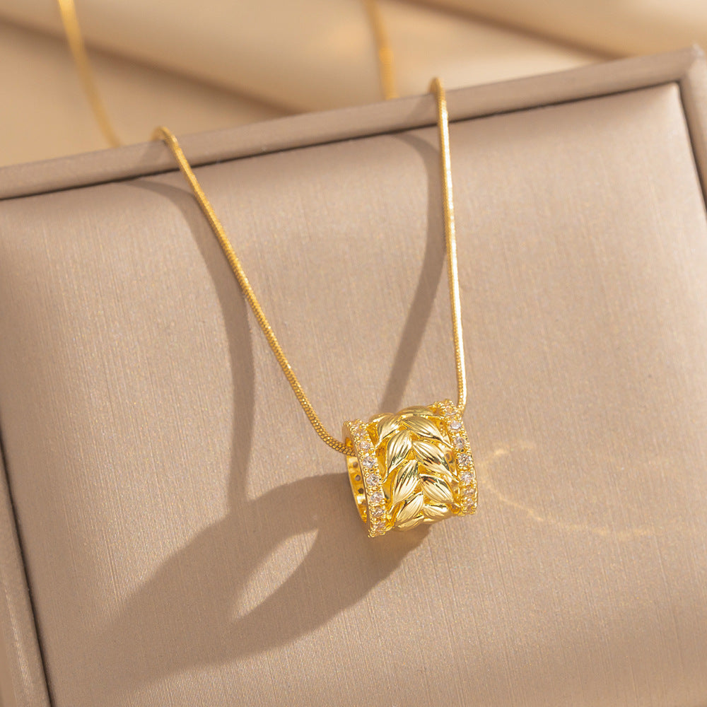 Light Luxury 18K Gold Plated Copper and Zircon Wheat Ear Geometric Pendant Necklace with Snake Chain for Women
