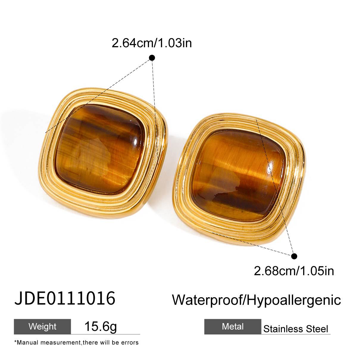Pendientes de tuerca de acero de titanio geométricos minimalistas con incrustaciones de ojo de tigre para mujer, chapado al vacío PVD en oro, estilo de aro de lujo a la moda