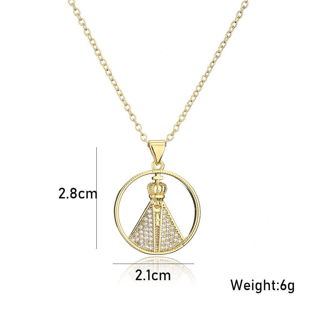 Geometric Pendant Necklace in Copper with Rhinestone Inlay and Gold Plating