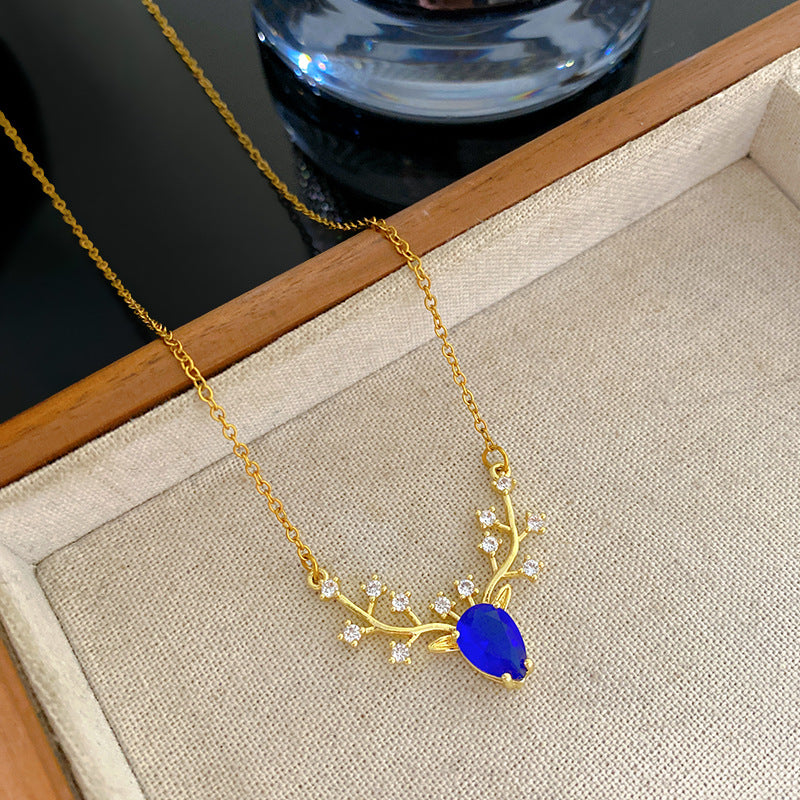 Vintage Gold Plated Brass Deer Pendant Cubic Zirconia Necklace on Titanium Steel Cable Chain