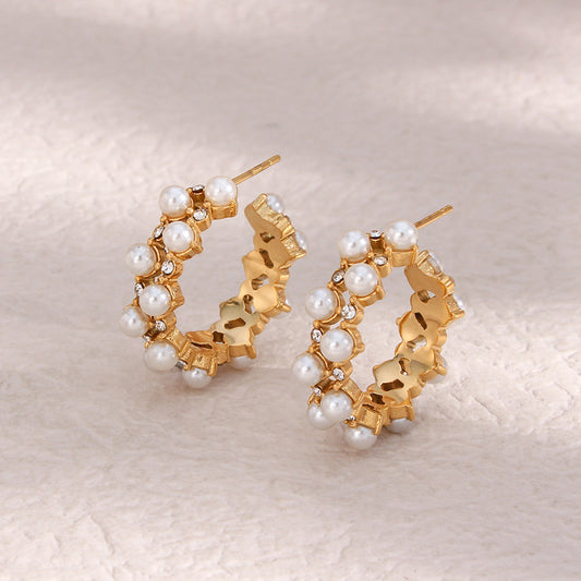 Orecchini alla moda, in acciaio inossidabile placcato oro 18 carati, design geometrico minimalista, cavi, con perle e zirconi incastonati