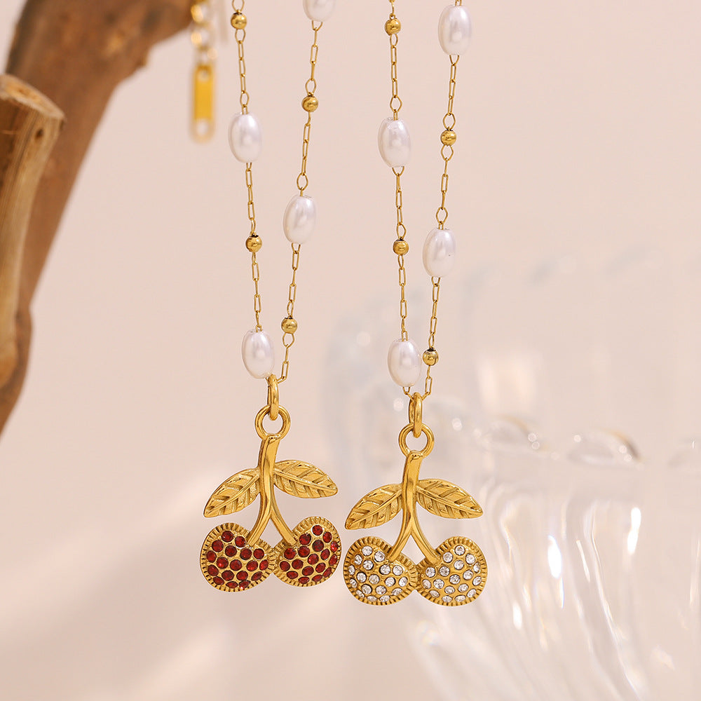 Elegant Cherry-Shaped Stainless Steel Pendant Necklace with 18K Gold Plating and Simulated Pearl Accents for Women