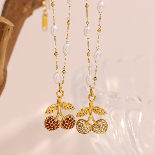 Elegant Cherry-Shaped Stainless Steel Pendant Necklace with 18K Gold Plating and Simulated Pearl Accents for Women