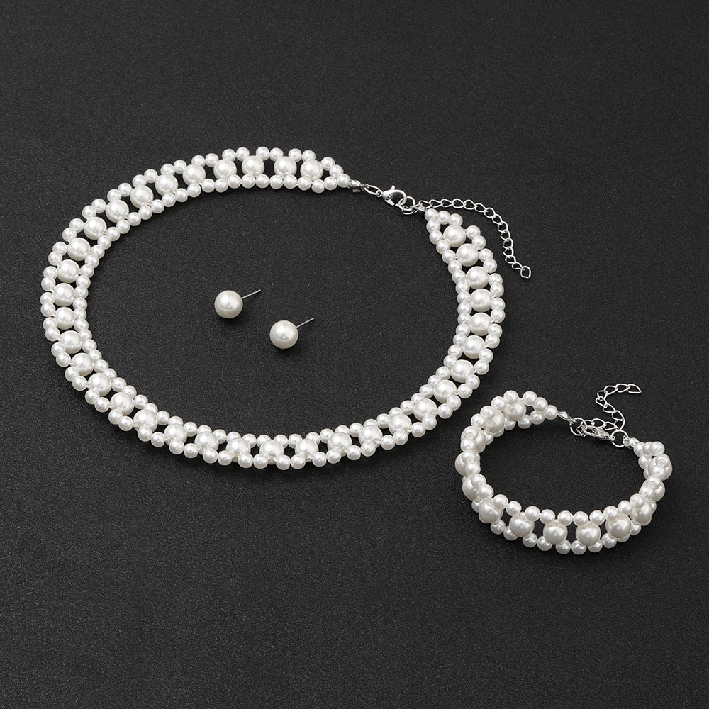 Minimalist Luxe Handmade Pearl Bracelet Earrings Necklace Set for Women Multi-Layer Stackable Jewelry with Plated Finish and Wave Motif