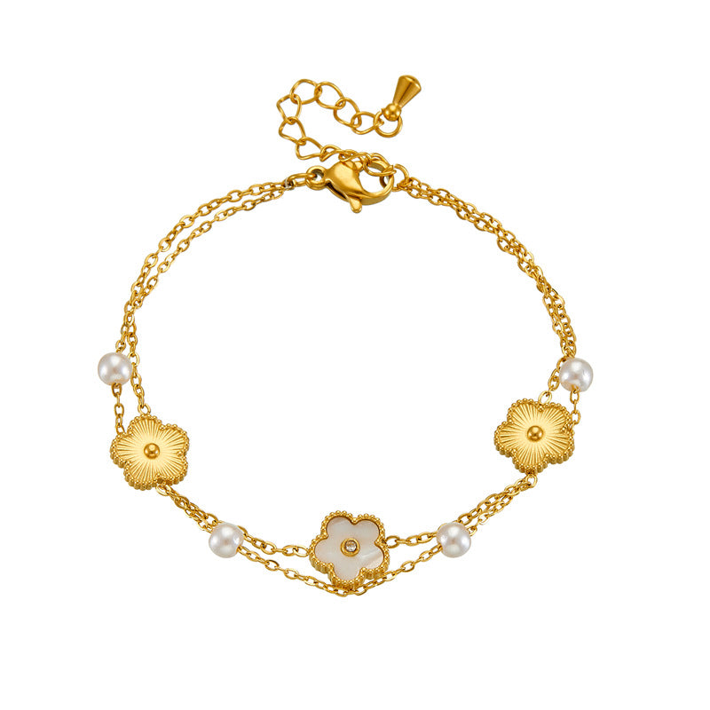 Vintage Business Casual Plated Stainless Steel Box Chain Bracelet with Square and Flower Accents