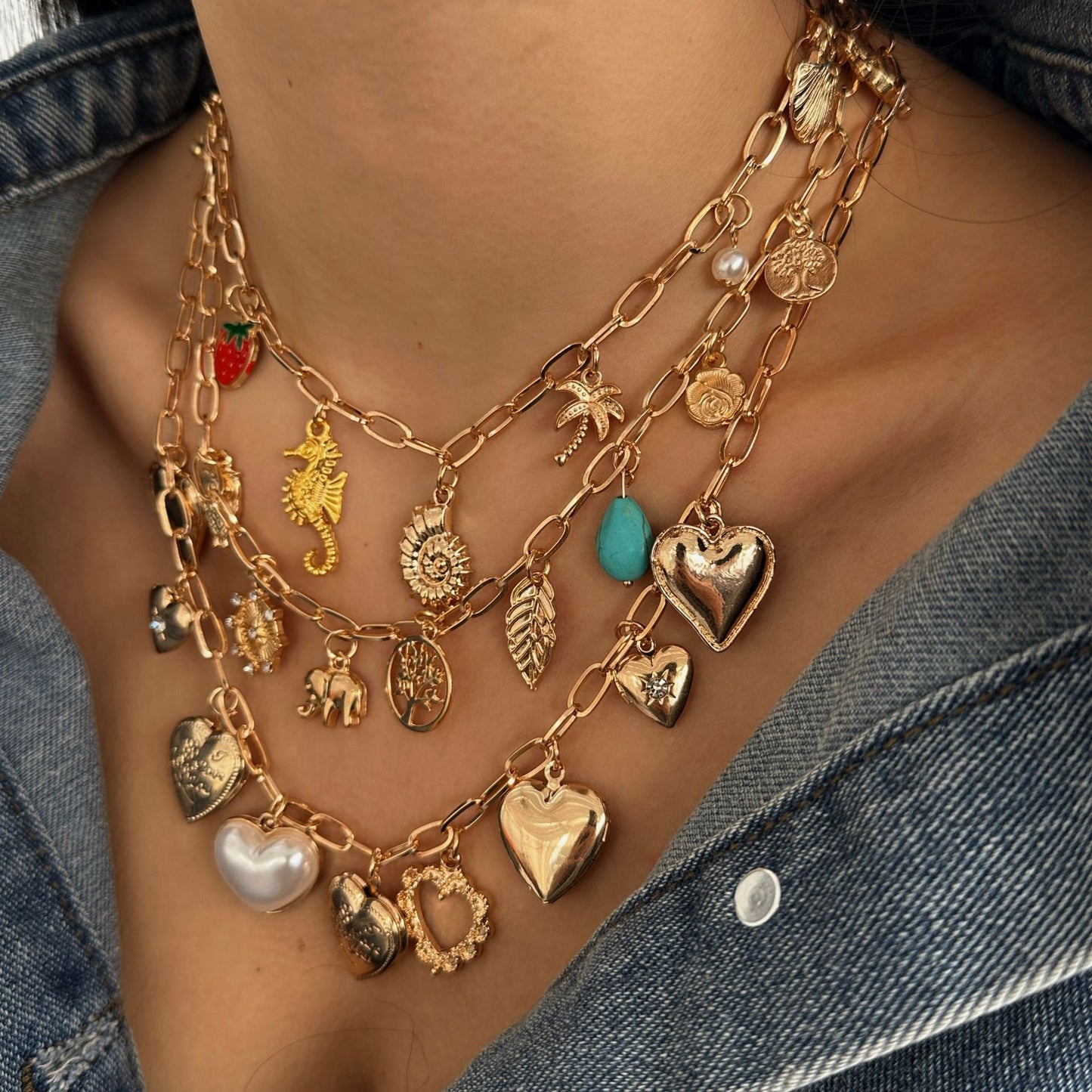 Casual Heart Cross Rhinestone Plated Alloy Necklace Layered Cable Chain for Women