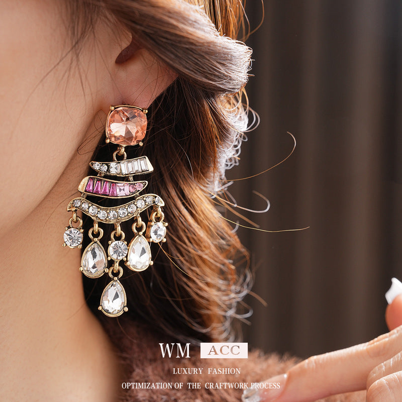Vintage Drip-Shaped Geometric Alloy Earrings with Rhinestone Inlay, Stainless Steel Post, Elegant Court-Inspired Luxury Ear Jewelry for Women
