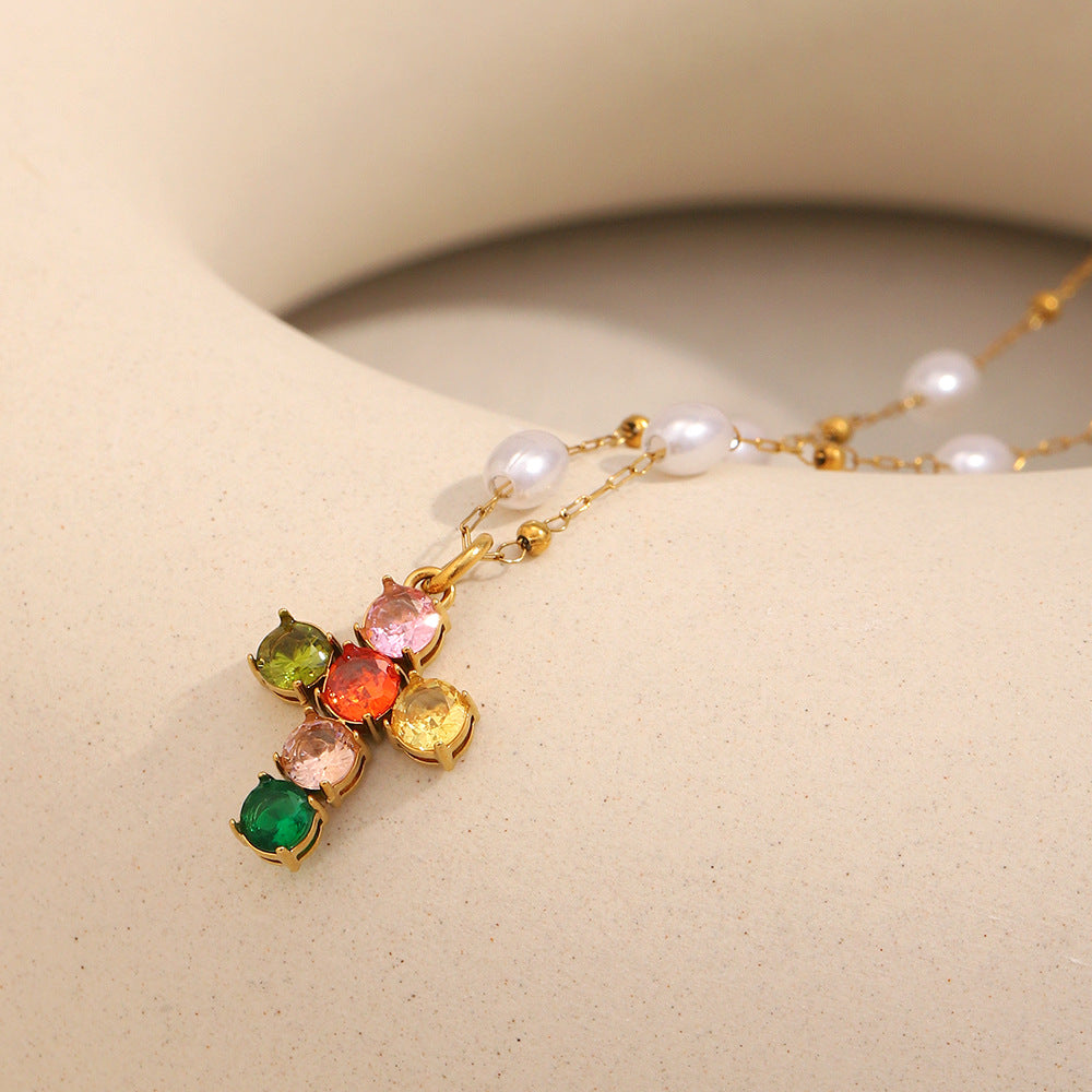 Elegant Minimalist Cross Pendant Necklace for Women Stainless Steel with 18K Gold Plating and Colorful Zircon Accents