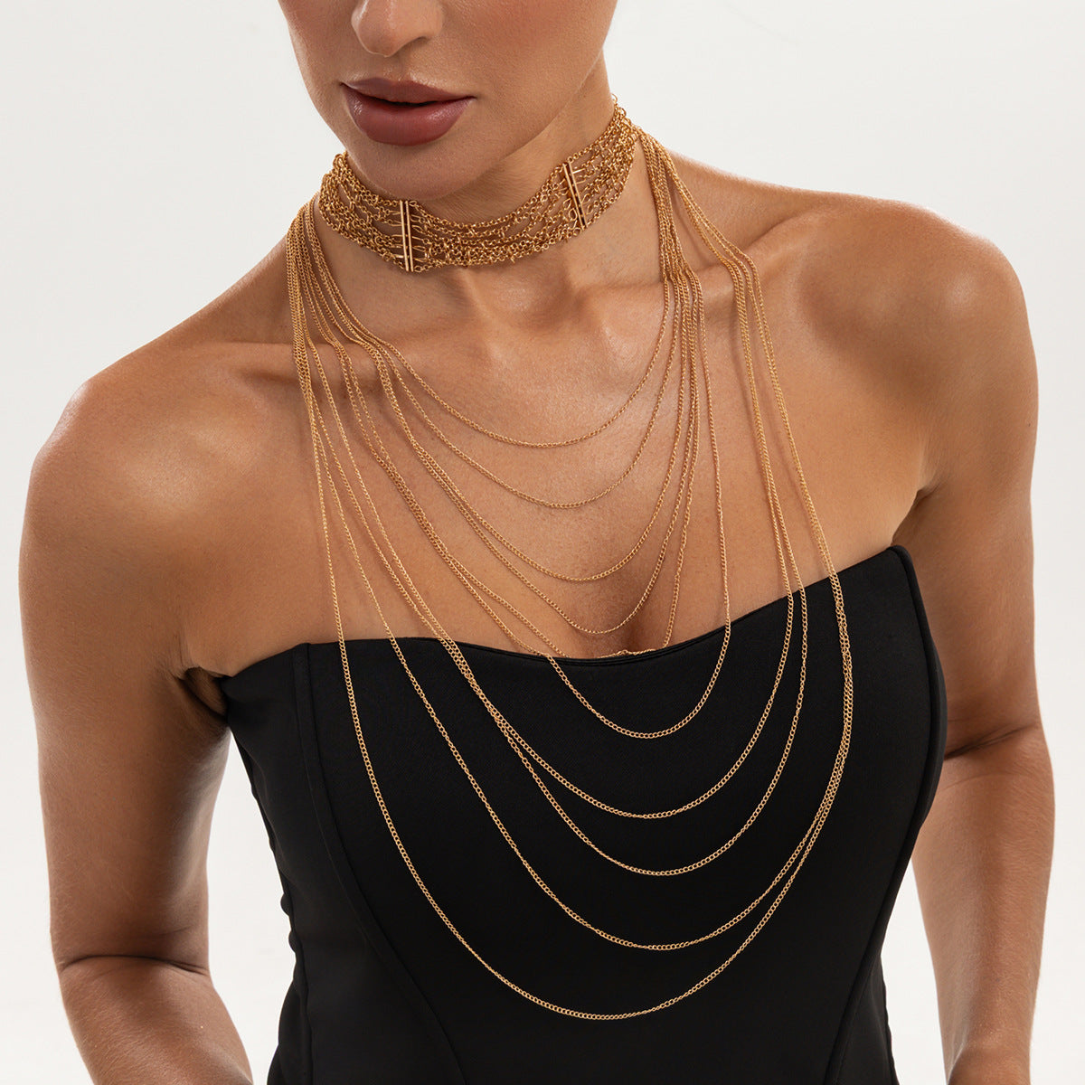 Exaggerated Luxury Geometric Plated Iron Multi-Layer Tassel Necklace for Women