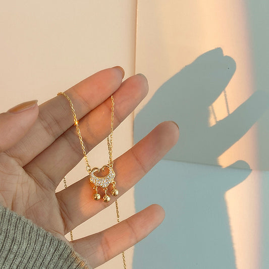 Minimalist Chinese Lucky Lock Pendant Necklace for Women and Men in Titanium Steel with Traditional Auspicious Design and Polished Finish