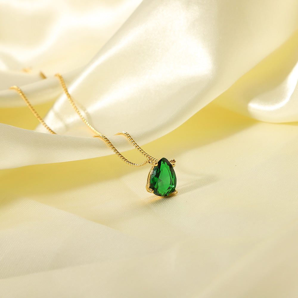 Minimalist Teardrop-Shaped Stainless Steel Necklace with 18K Gold Plating and Green Zircon Pendant for Women