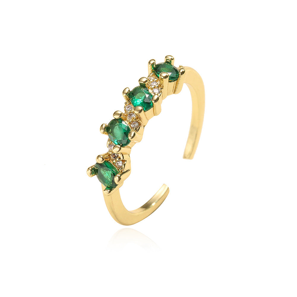 Minimalist Geometric Copper Ring with 18K Gold Plating and Micro-Paved Green Zirconia for Women