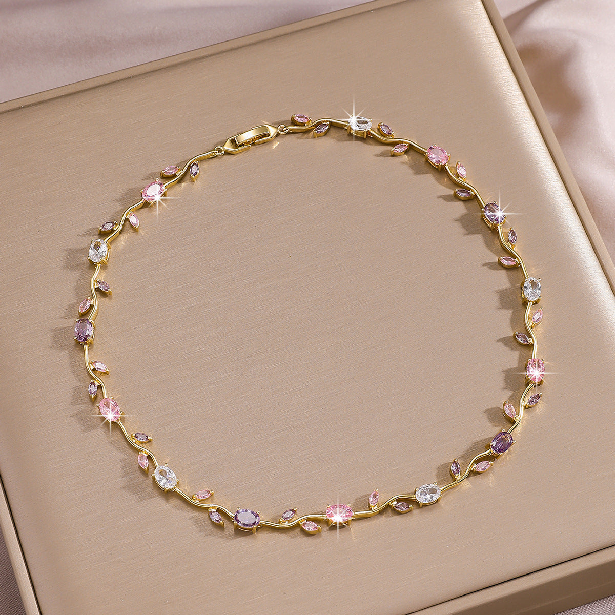 Luxury Gold Plated Brass Leaf Bracelet with Cubic Zirconia Inlay Unisex Floral Design